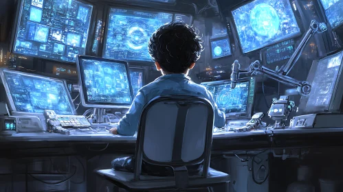 Boy Hacker Surrounded by Screens