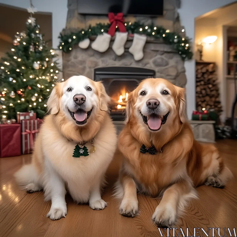 Festive Christmas Scene with Golden Retrievers AI Image