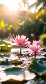 Sunlit Pink Lotus Flowers in Tranquil Pond