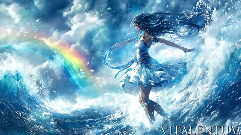 AI ART Fantasy Ocean Wave Rainbow Woman