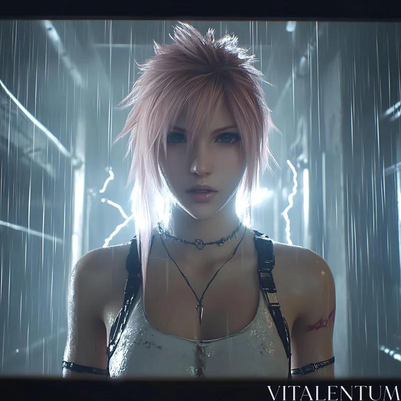 Cyberpunk Anime Girl in Rain with Lightning AI Image