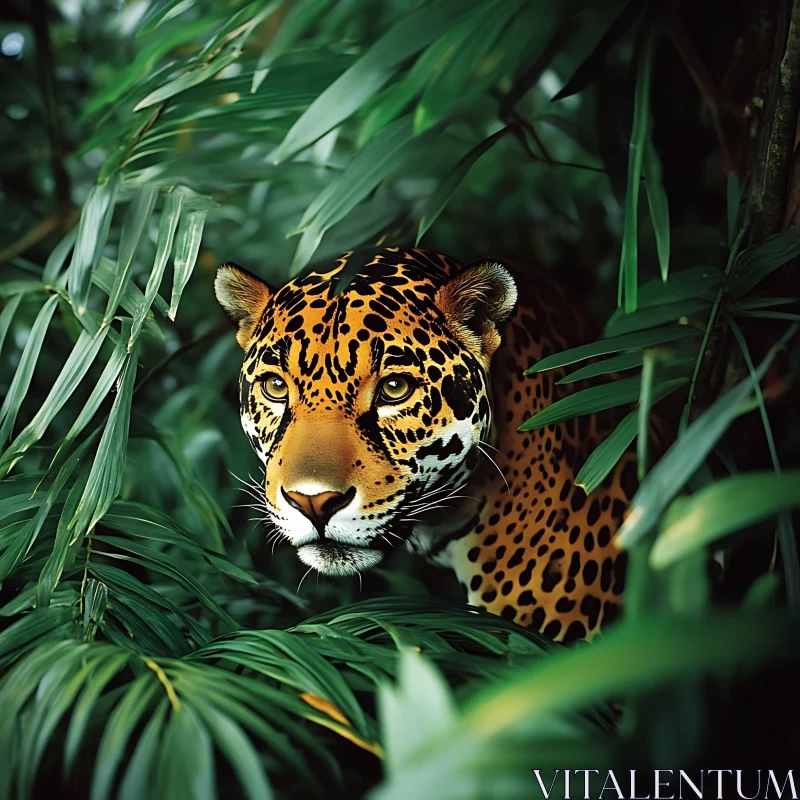 Wild Jaguar Among Green Leaves AI Image