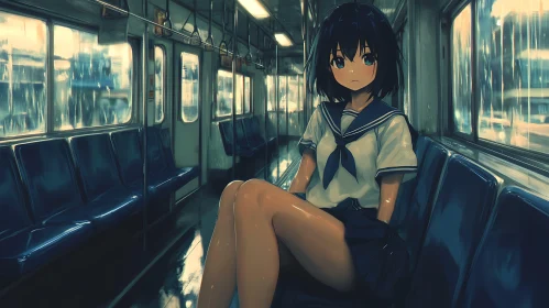 Solitary Anime Girl on Rainy Train Ride