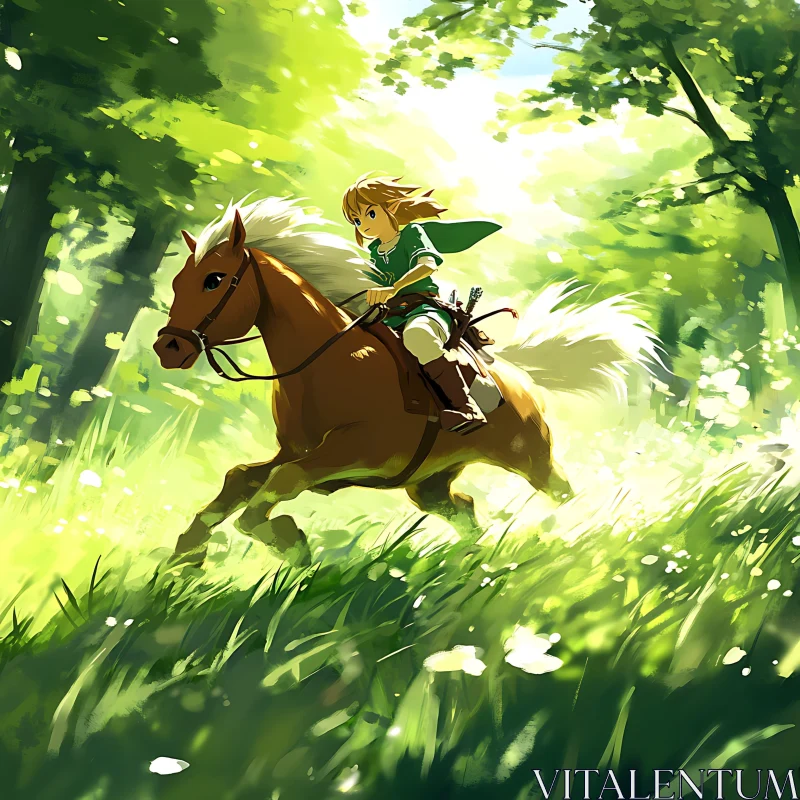 Youthful Horse Riding Adventure through the Woods AI Image