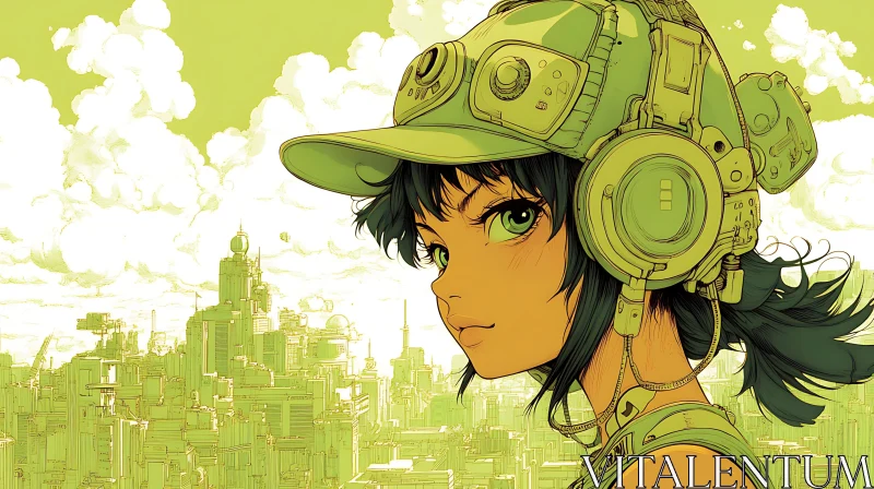 Cityscape Anime Art with Character Wearing Headphones AI Image