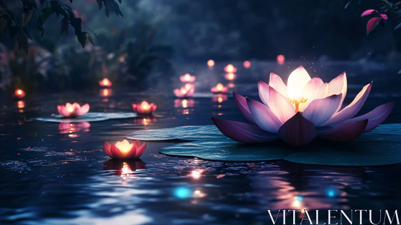 Illuminated Lotus Blossoms at Night AI Image