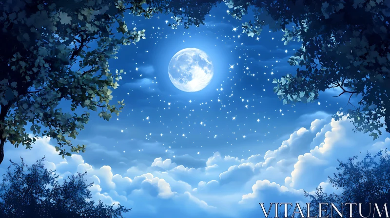 Full Moon and Starry Sky Over Serene Cloudscape AI Image