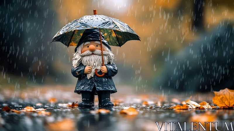 Garden Gnome with Umbrella in the Rain AI Image