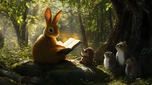 Rabbit reading to squirrels in forest