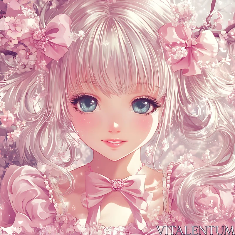 Delicate Anime Girl with Pink Floral Accents AI Image