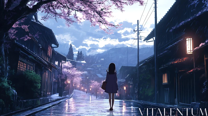 Anime Street Scene in Rain at Dusk AI Image