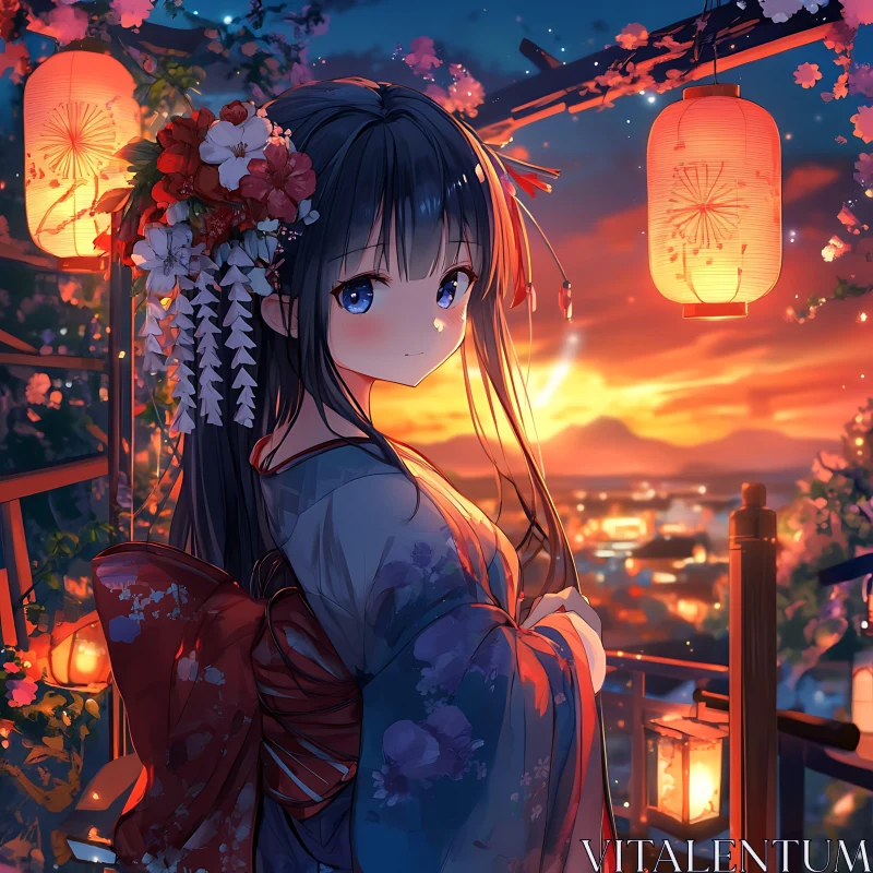 Anime Beauty in Traditional Kimono at Sunset AI Image