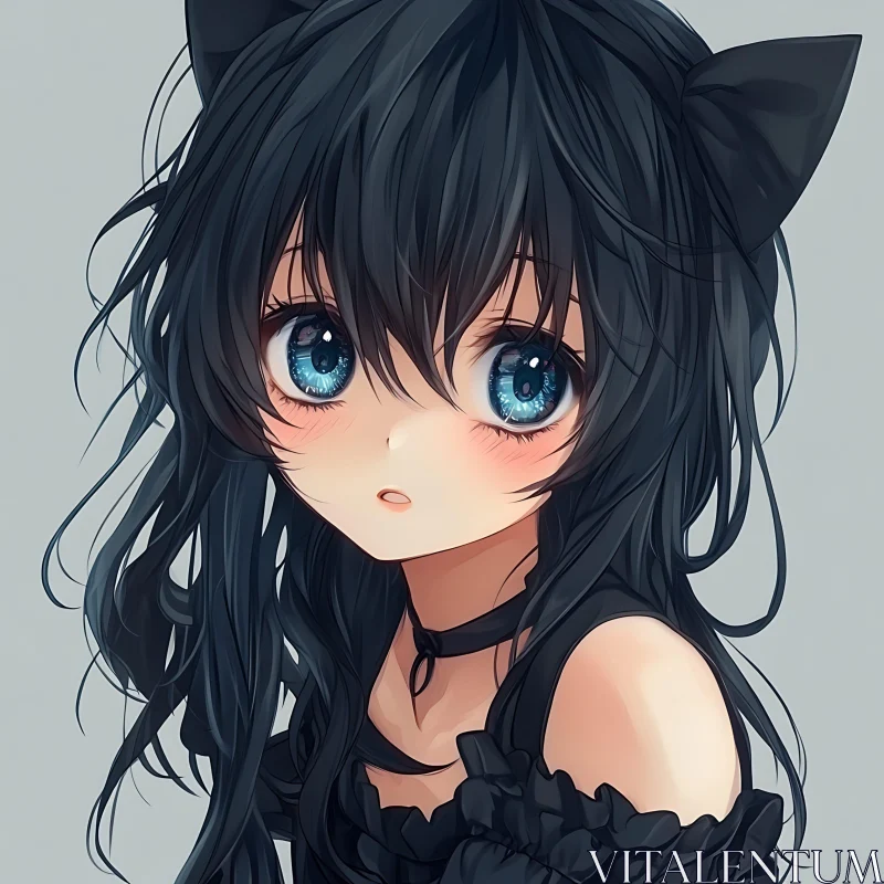 Adorable Anime Girl in Black Dress and Cat Ears AI Image