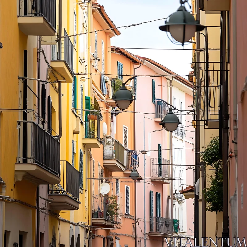 Vibrantly Colored Residential Buildings Lining Narrow City Street AI Image