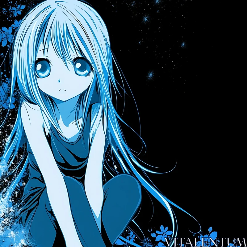 Contemplative Anime Girl in Blue AI Image