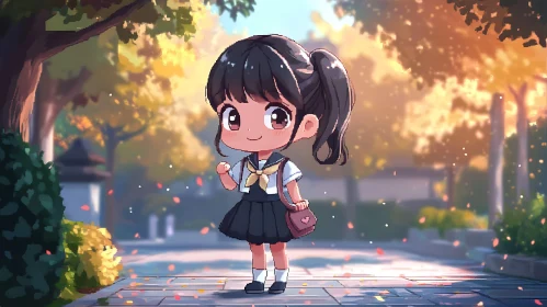 Cute Anime Schoolgirl in Chibi Style