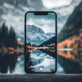 Phone Displaying Mountain Lake Scenery