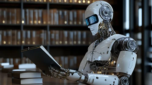 Cyborg Studying Documents in Library
