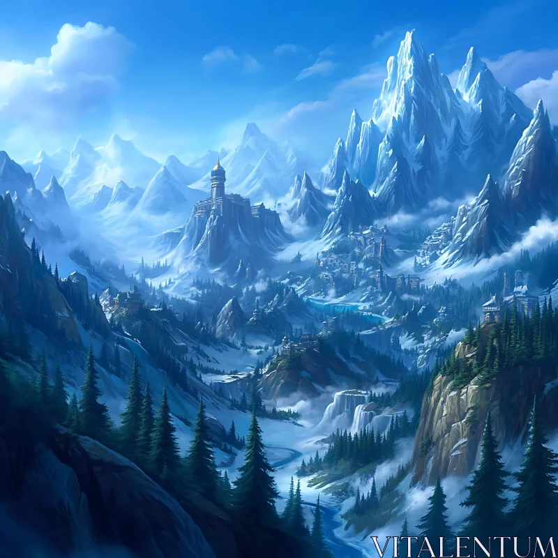 Winter Mountain Landscape with Castle AI Image