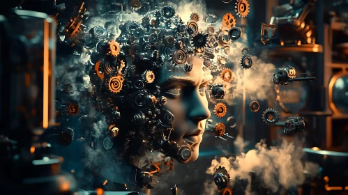 Steampunk Cyborg Head with Gears