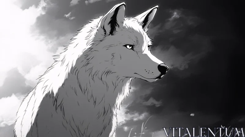 AI ART Monochrome Wolf Illustration with Cloudy Backdrop