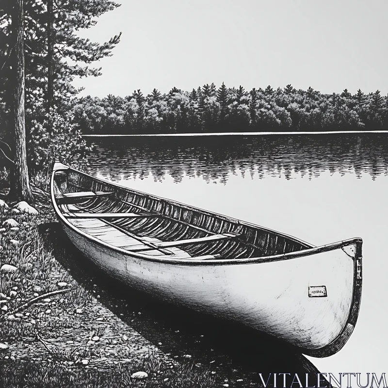Monochrome Canoe on Still Lake Shore AI Image