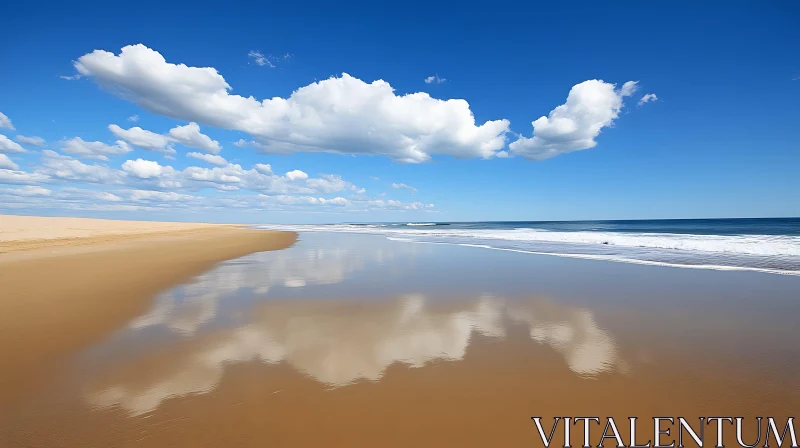 Tranquil Beach Scene with Cloud Reflections AI Image