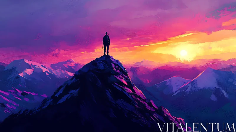 Silhouette on Mountain at Sunset AI Image