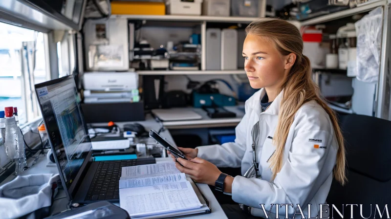 Woman in Lab Coat Analyzing Data AI Image