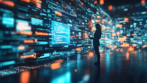 Woman and Glowing Data Wall