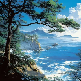 Tranquil Seascape with Coastal Pines