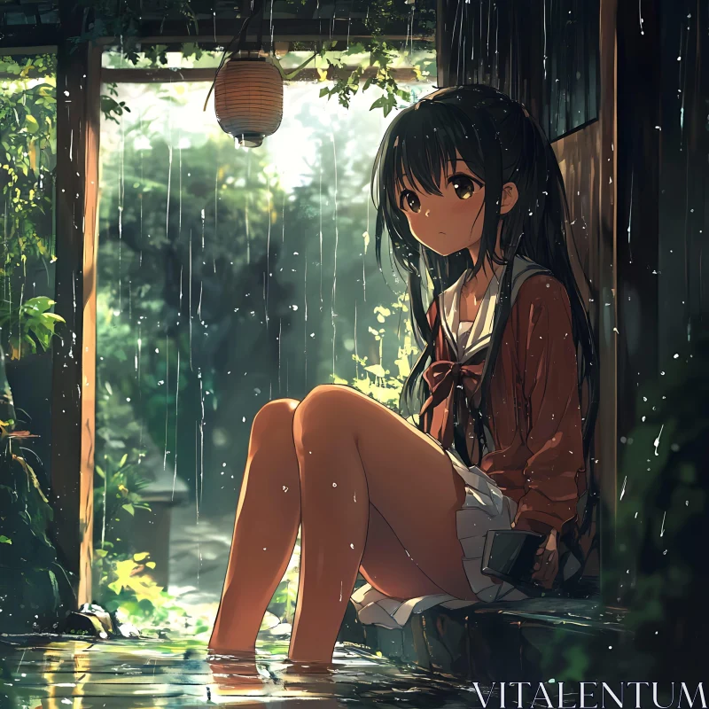 Reflective Anime Character in a Rainy Setting AI Image