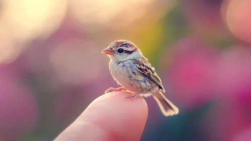 Tiny Bird on Finger against Pastel Background