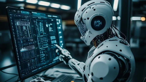 Cyborg working with computer code