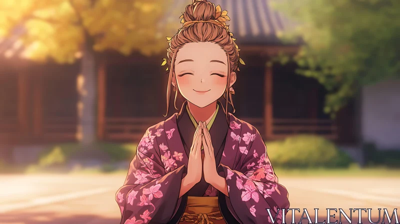 Anime Girl Meditating in a Peaceful Garden AI Image