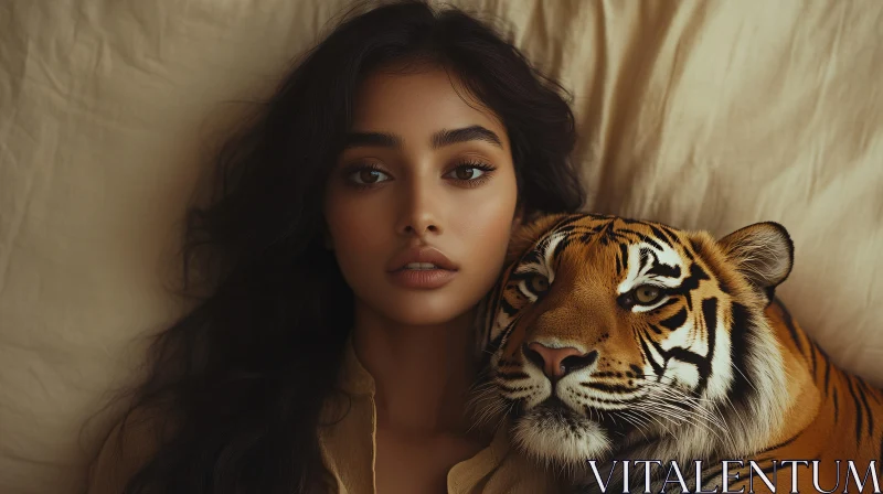 Portrait of Woman and Tiger Intimacy AI Image