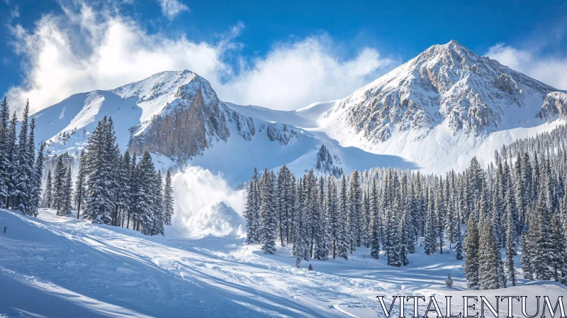 AI ART Winter Mountain Scene with Evergreen Forest