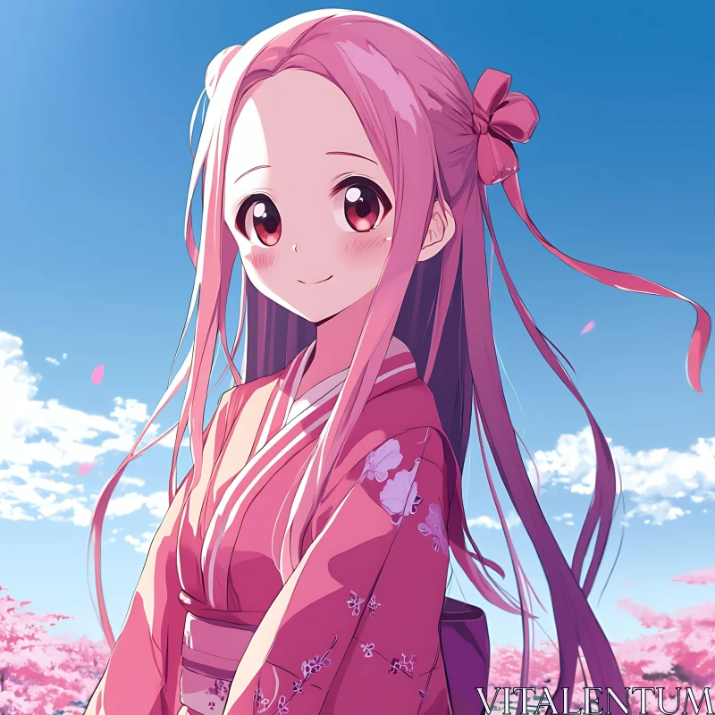 Anime Girl in Traditional Kimono with Cherry Blossoms AI Image