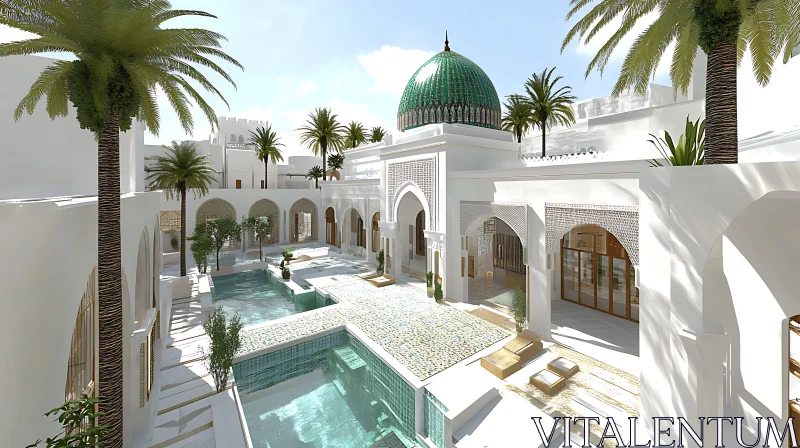 Beautiful Courtyard with Pool and Green Dome AI Image