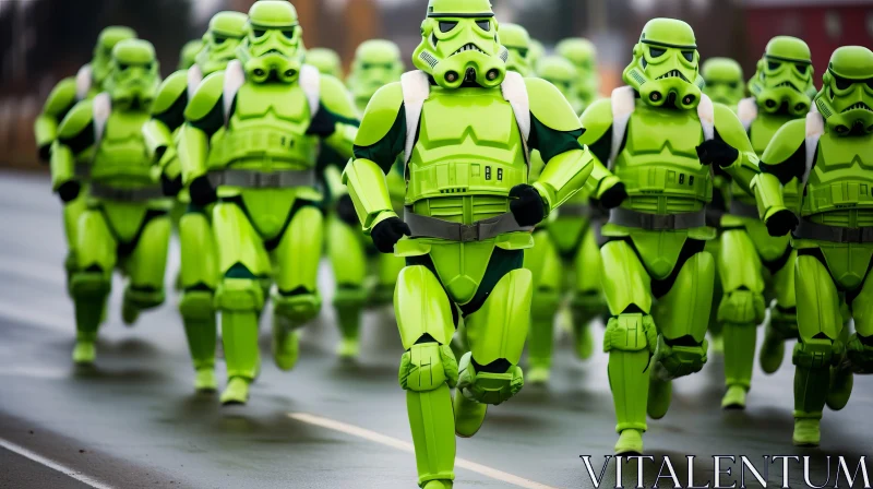 Green Star Wars Stormtroopers in City - Elaborate Costumes and Strong Colors AI Image