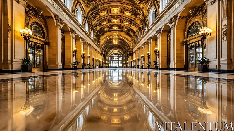 Historical Grand Palace Hallway with Reflective Marble Floor AI Image