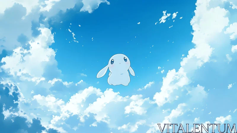 Cute White Bunny Floating in a Cloudy Sky - Cartoon AI Image