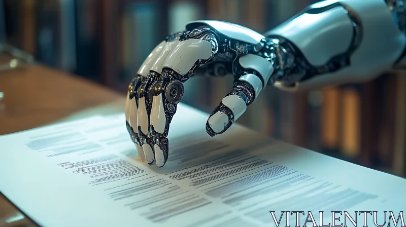 AI ART Cyborg Hand Examining Paperwork Automation