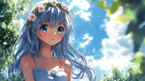 Anime Girl with Floral Wreath Under Sunny Sky