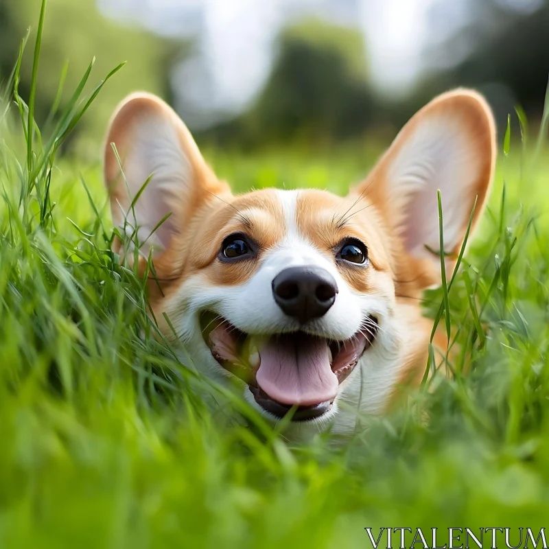 Playful Corgi Amidst Green Grass AI Image