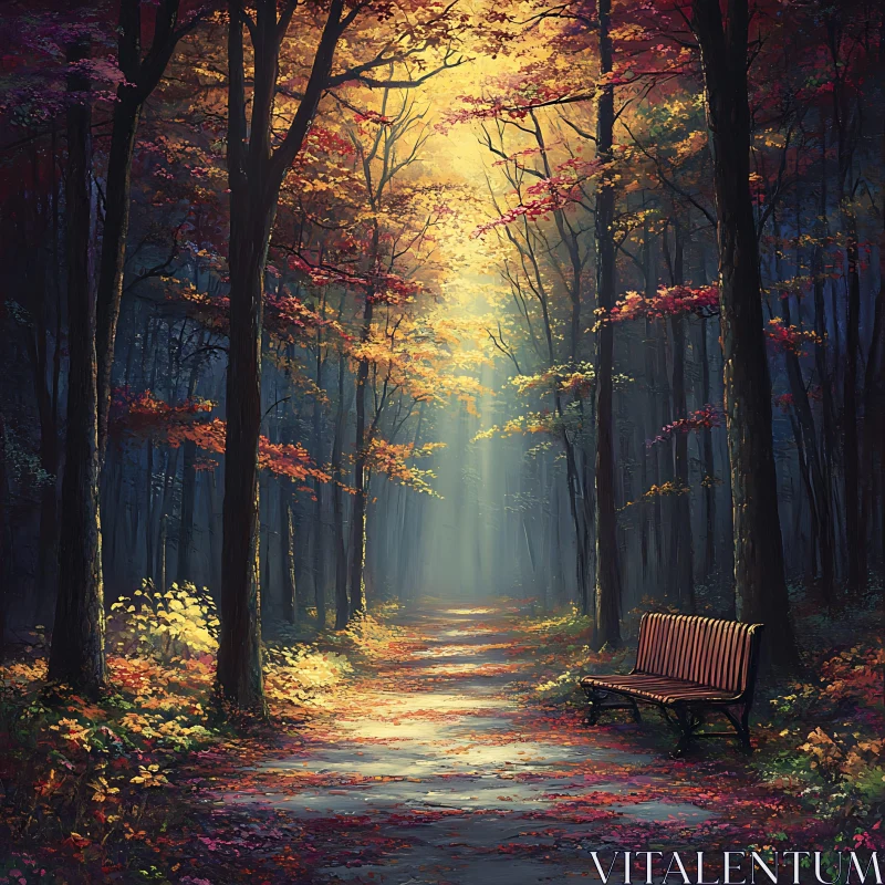 AI ART Autumn Forest Path with Sunlight and Bench