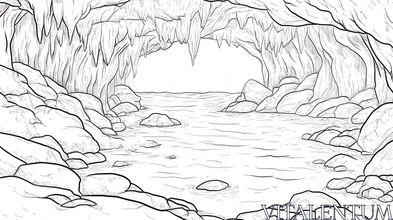 Monochrome Cave Interior with Water and Rocks AI Image