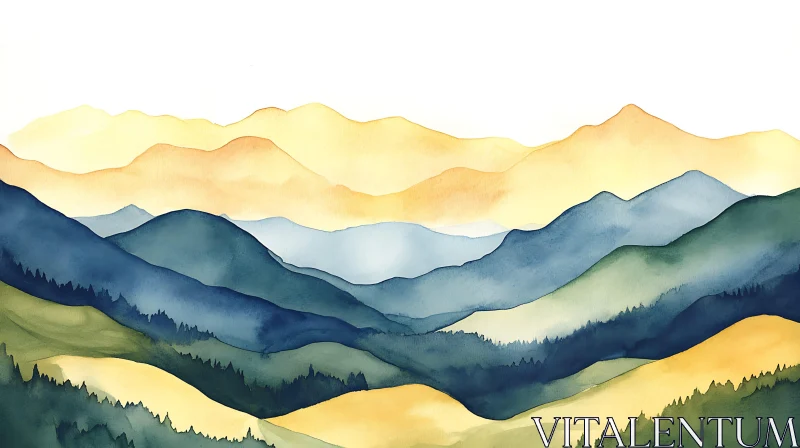 Peaceful Mountain Vista in Watercolor AI Image