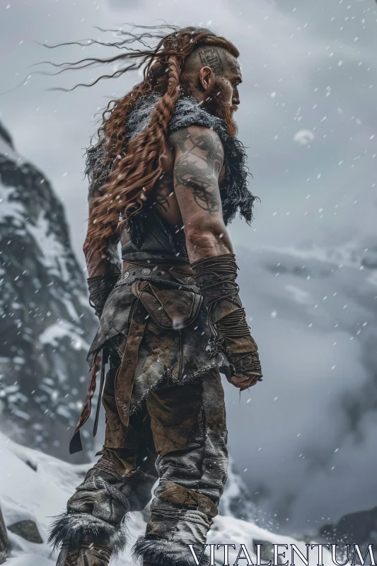 Tattooed Warrior in Snow-Covered Mountains AI Image