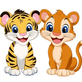 Playful Tiger and Lion Cartoon Image